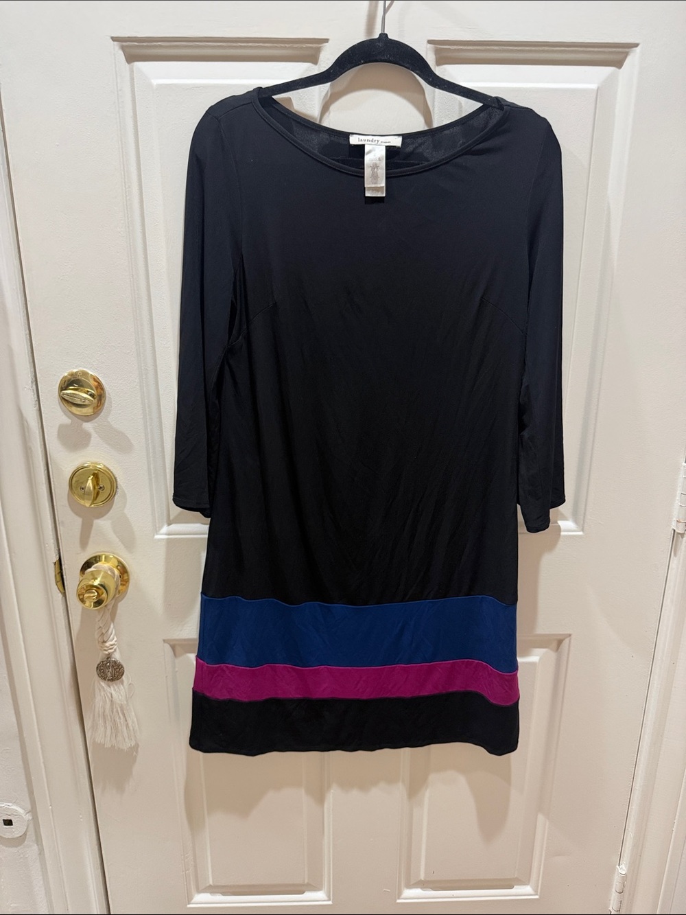 Laundry by Design Black Long-Sleeve Shift Dress with Blue and Magenta Bands